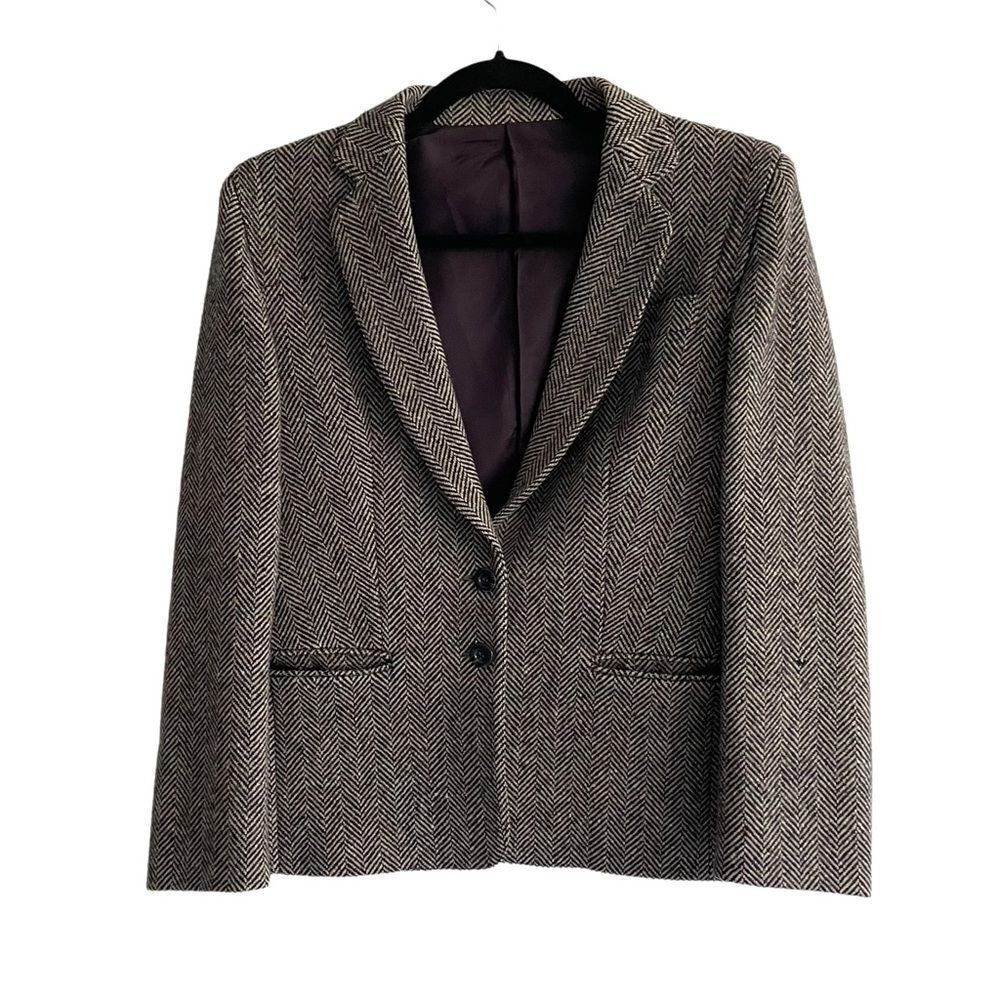 VINTAGE BRIAN TUCKER Ireland Wool Herringbone Blazer Black Grey L - Picture 2 of 9